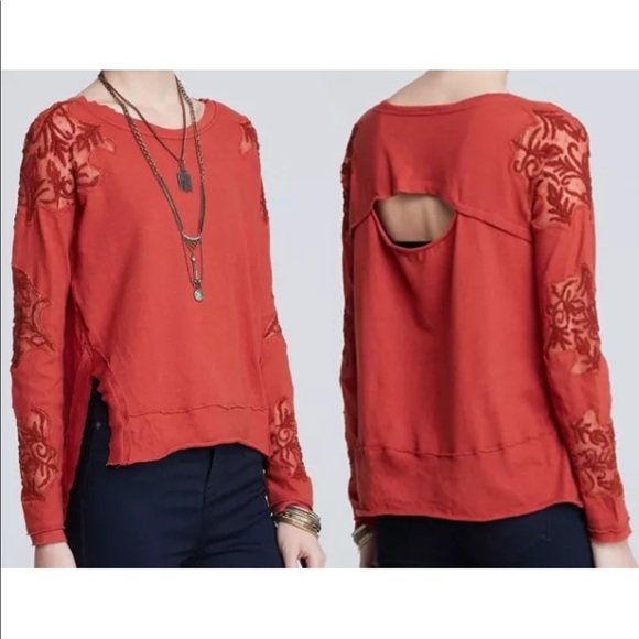 Free People Floral Lace Details Pullover Sweatshirt Top Open Back Sz XS Orange - Picture 13 of 13